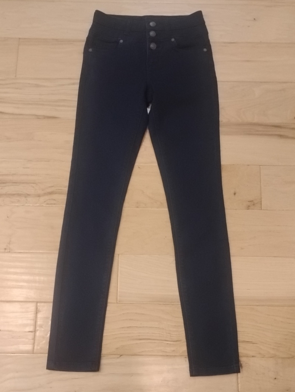 High-Rise Navy Skinny Jeans with Triple-Button Waist